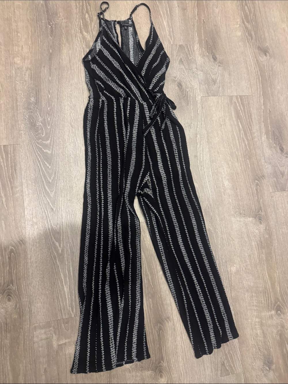 Staccato Black and White Striped Wrap Jumpsuit, small